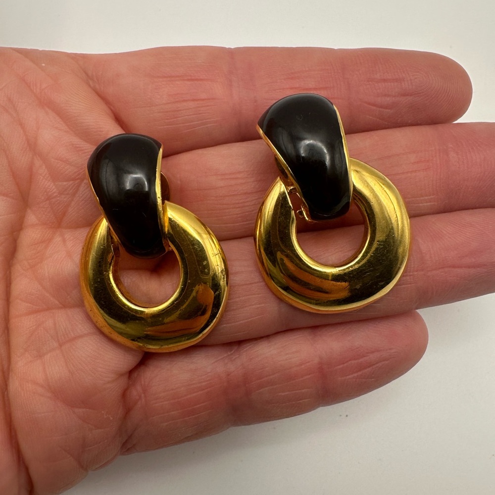 Vintage St. John Earrings Door Knocker Gold Tone Black Chunky Clip Dangle Signed